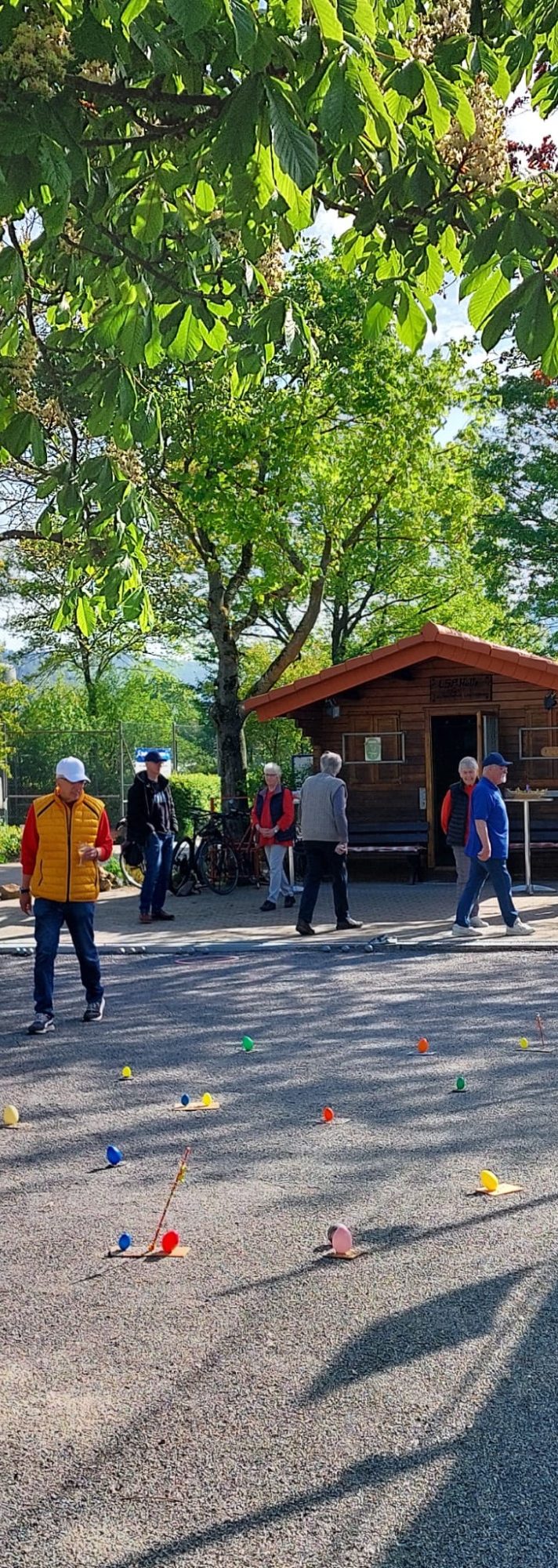 Menschen spielen im Freien, umgeben von Bäumen und einem Holzhaus. Farbenfrohe Spielsteine liegen am Boden.